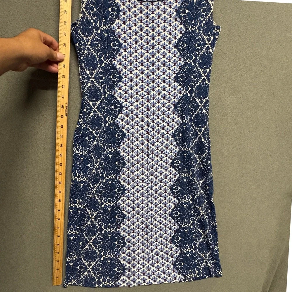 Tory Burch Sheath Dress Womens Small Blue Geometric Floral Print Sleeveless EXCL